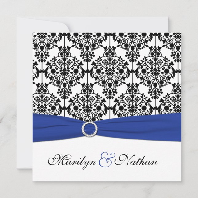 Royal Blue, White, Black Damask Wedding Invitation (Front)