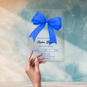 Royal blue white bow birthday clear acrylic invitations