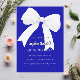 Royal blue white bow Quinceanera Invitation