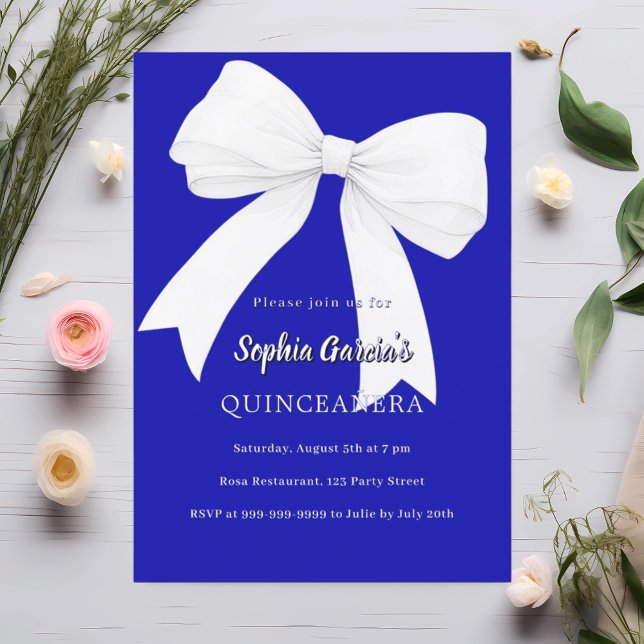 Royal blue white bow Quinceanera Invitation (Creator Uploaded)