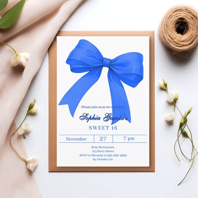 Royal blue white bow SWEET 16 Invitation (Creator Uploaded)