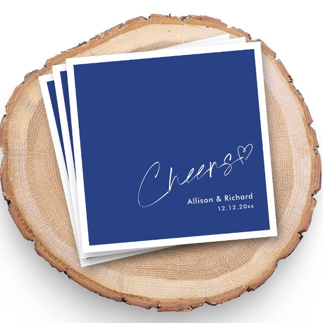 Royal Blue & White | Cheers Hand-Lettered Wedding Napkin (Personalized Royal Blue & White _ Cheers Hand-Lettered Wedding Napkins With Names and Date)