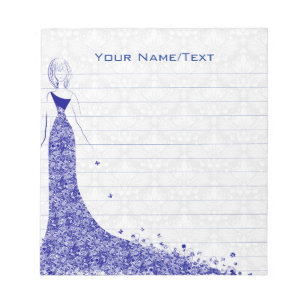 Royal Blue & White Damasks Wedding Dress Notepad