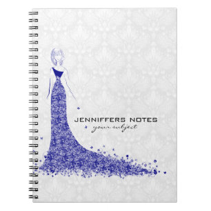 Royal Blue & White Damasks Wedding Dress Spiral Notebook