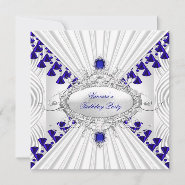 Royal Blue White Diamond Images Beads Party Invitation (Front)