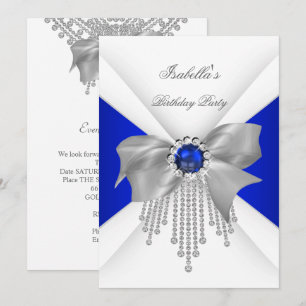 Royal Blue White Diamond Pearl Birthday Party Invitation