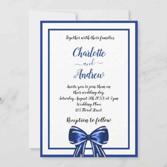Royal blue white elegant bow script wedding invitation (Front)