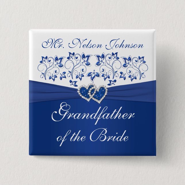 Royal Blue White Floral Grandfather of the Bride 15 Cm Square Badge (Front)