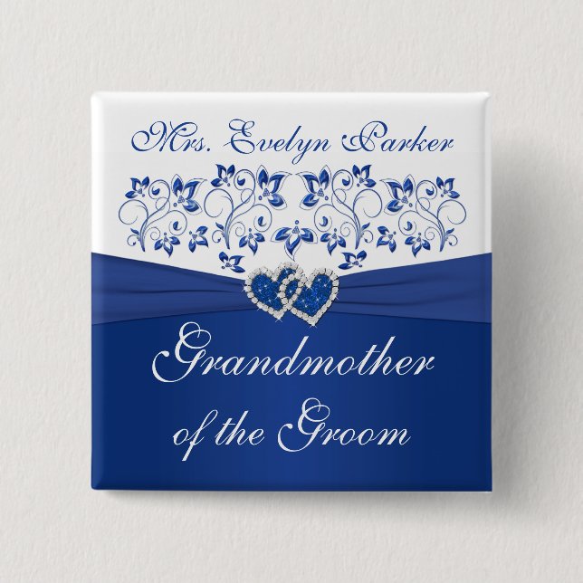 Royal Blue White Floral Grandmother of the Groom 15 Cm Square Badge (Front)