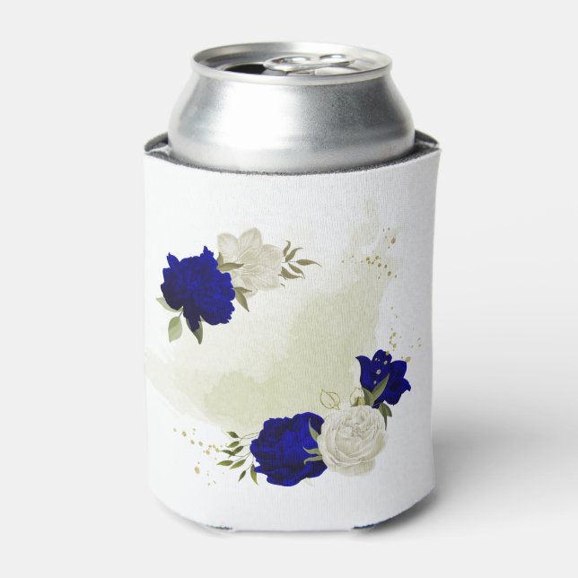 royal blue white floral greenery can cooler (Can Front)
