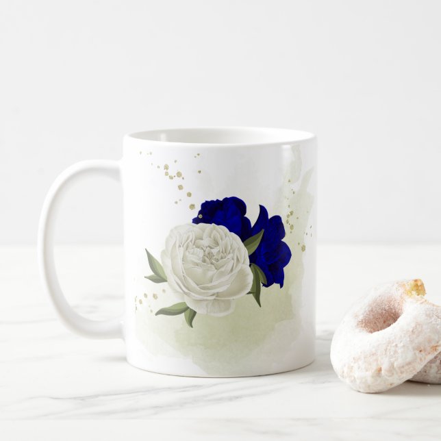 royal blue white floral greenery  coffee mug (With Donut)