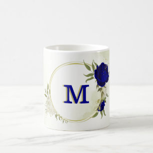 royal blue white floral greenery coffee mug