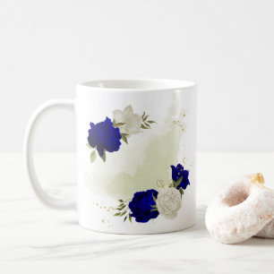 royal blue white floral greenery coffee mug