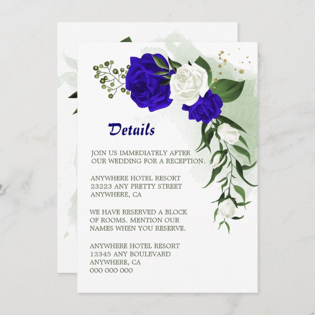 Royal blue white floral greenery details enclosure card (Front/Back)