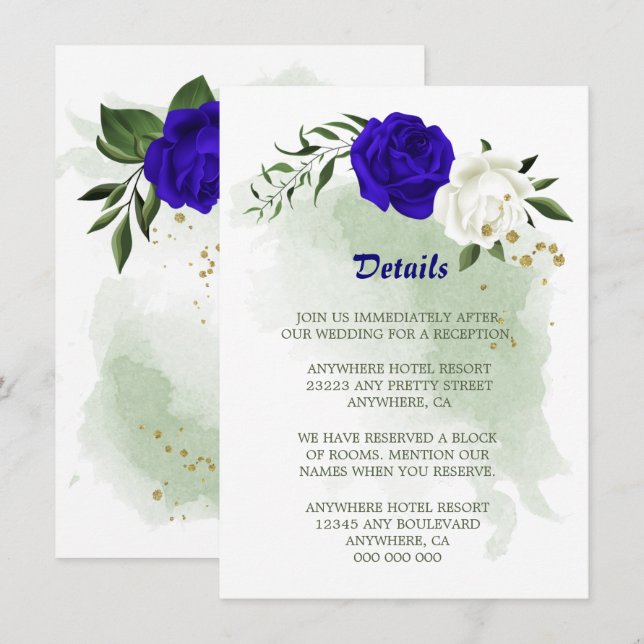 Royal blue white floral greenery details enclosure card (Front/Back)