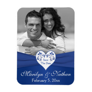 Royal Blue White Floral Heart Wedding Photo Magnet