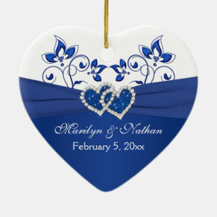 Royal Blue, White Floral Hearts 1st Christmas Ceramic Tree Decoration