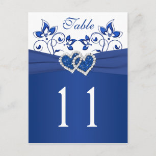 Royal Blue, White Floral Hearts Table Number Card