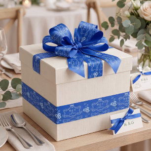Royal Blue White Floral Monogram Wedding Satin Ribbon