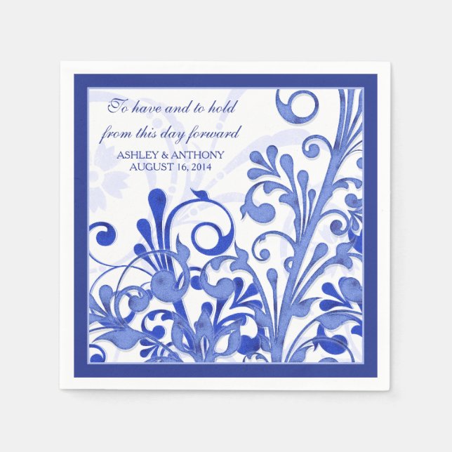 Royal Blue White Floral Personalised Wedding Napkin (Front)