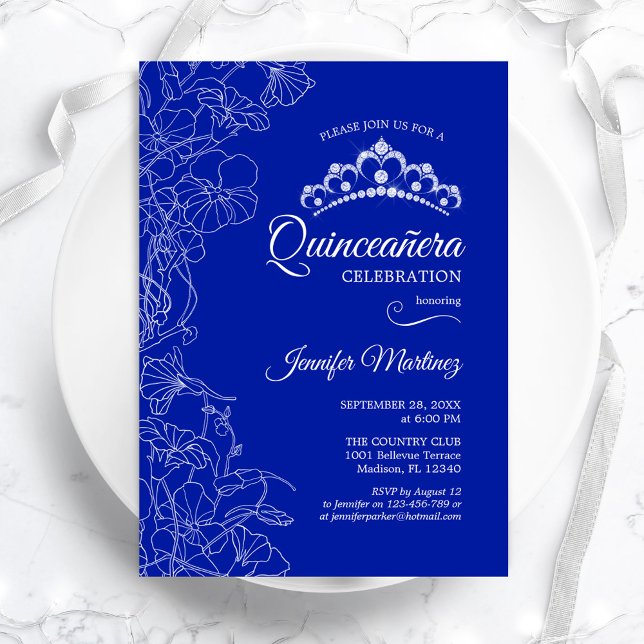 Royal Blue White Floral Quinceanera Party Invitation (Creator Uploaded)