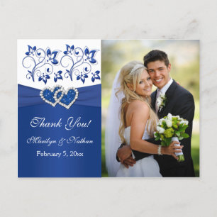 Royal Blue, White Floral Thank You Photo Card