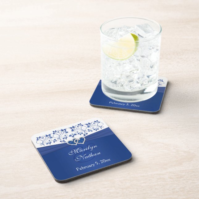 Royal Blue, White Floral Wedding Coaster Set (6) (Right Side)