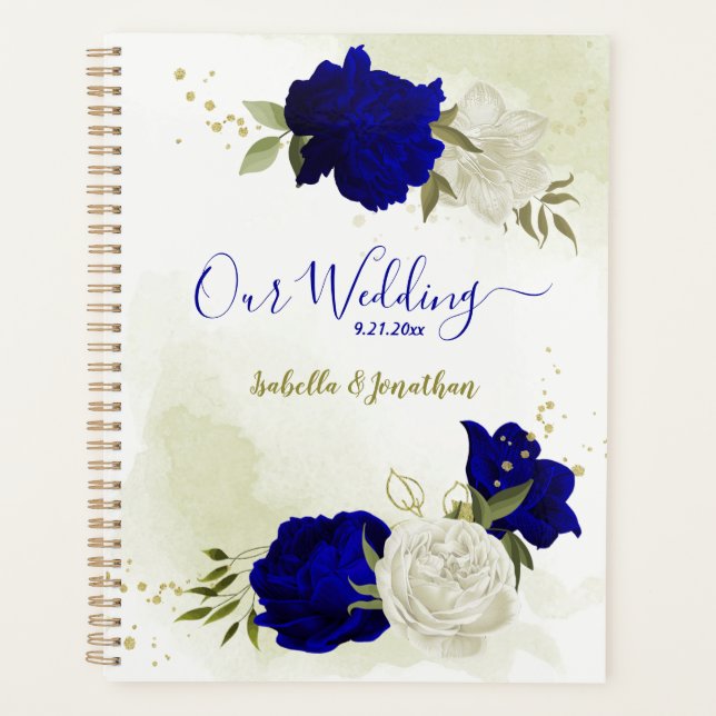 Royal blue white floral wedding planner (Front)