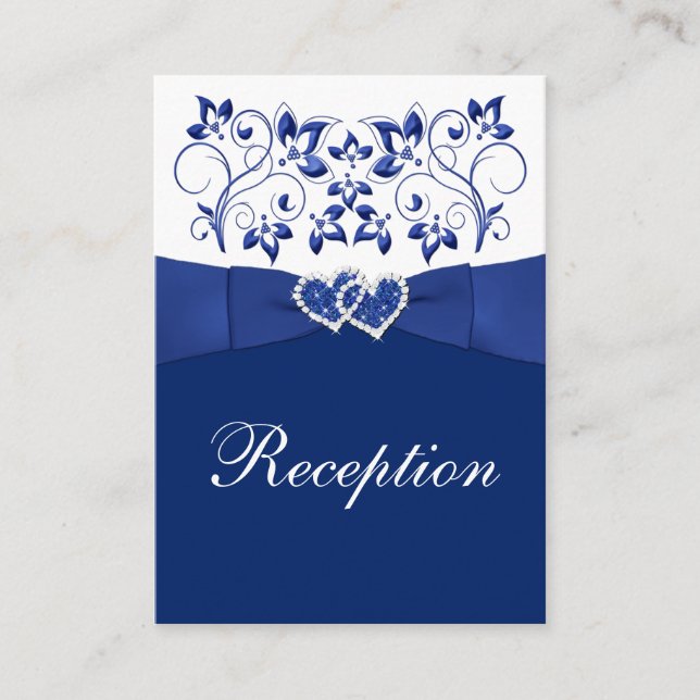Royal Blue, White Floral Wedding Reception Card (Front)