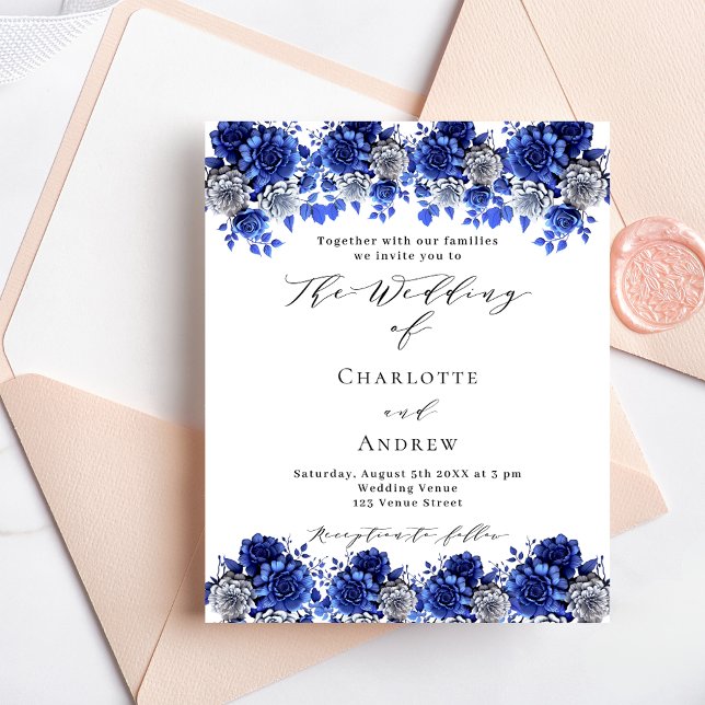 Royal blue white florals budget wedding invitation flyer (Creator Uploaded)