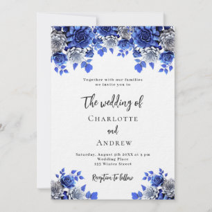 Royal blue white florals luxury wedding invitation