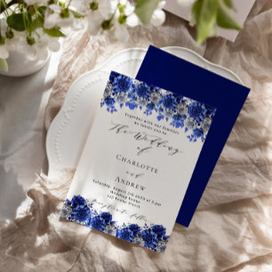 Royal blue white florals script wedding invitation