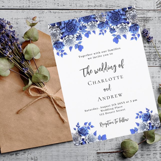 Royal blue white florals wedding invitation (Creator Uploaded)