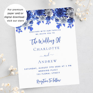 Royal blue white flowers budget wedding invitation flyer