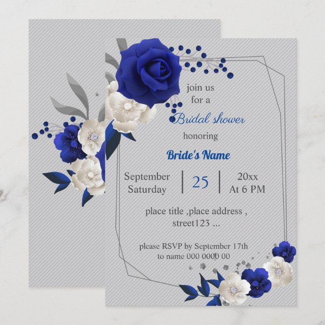 royal blue white flowers geometric bridal shower invitation (Front/Back)