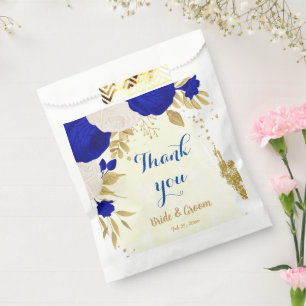 royal blue white flowers gold botanical favour bags