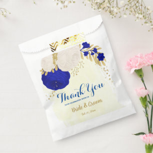 royal blue white flowers gold botanical favour bags