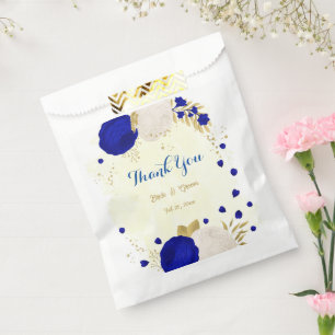 royal blue white flowers gold botanical favour bags