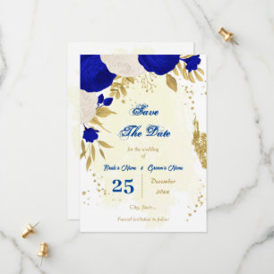 royal blue & white flowers gold botanical save the date