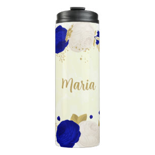 royal blue & white flowers gold botanical thermal tumbler