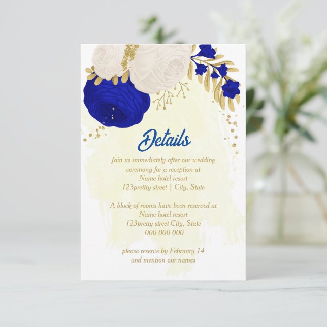royal blue & white flowers gold botanical wedding enclosure card (Standing Front)