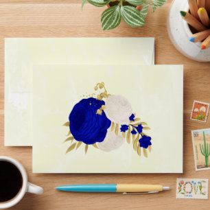 royal blue & white flowers gold botanical wedding envelope