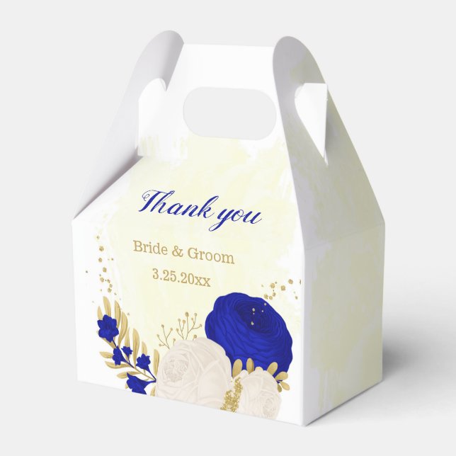 royal blue & white flowers gold botanical wedding favour box (Front Side)