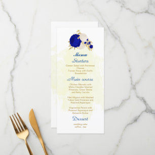 royal blue & white flowers gold botanical wedding menu