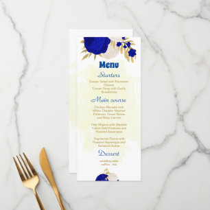 royal blue & white flowers gold botanical wedding  menu