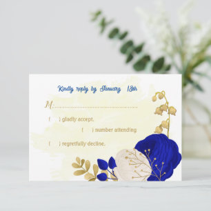 royal blue & white flowers gold botanical wedding RSVP card