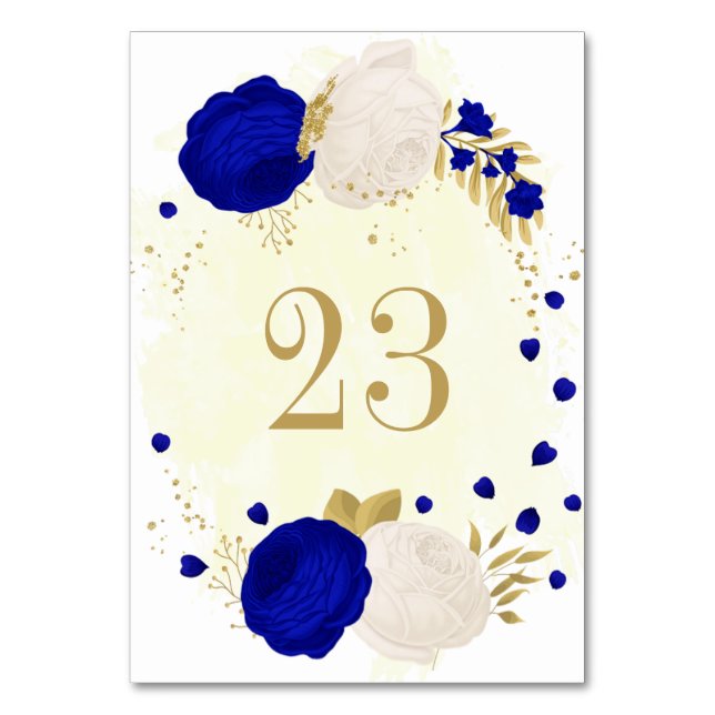 royal blue & white flowers gold botanical wedding table number (Front)