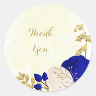  royal blue & white flowers gold classic round sticker