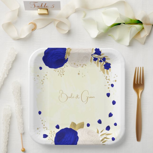 royal blue & white flowers gold paper plate (Wedding)