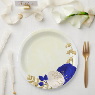 royal blue & white flowers gold paper plate